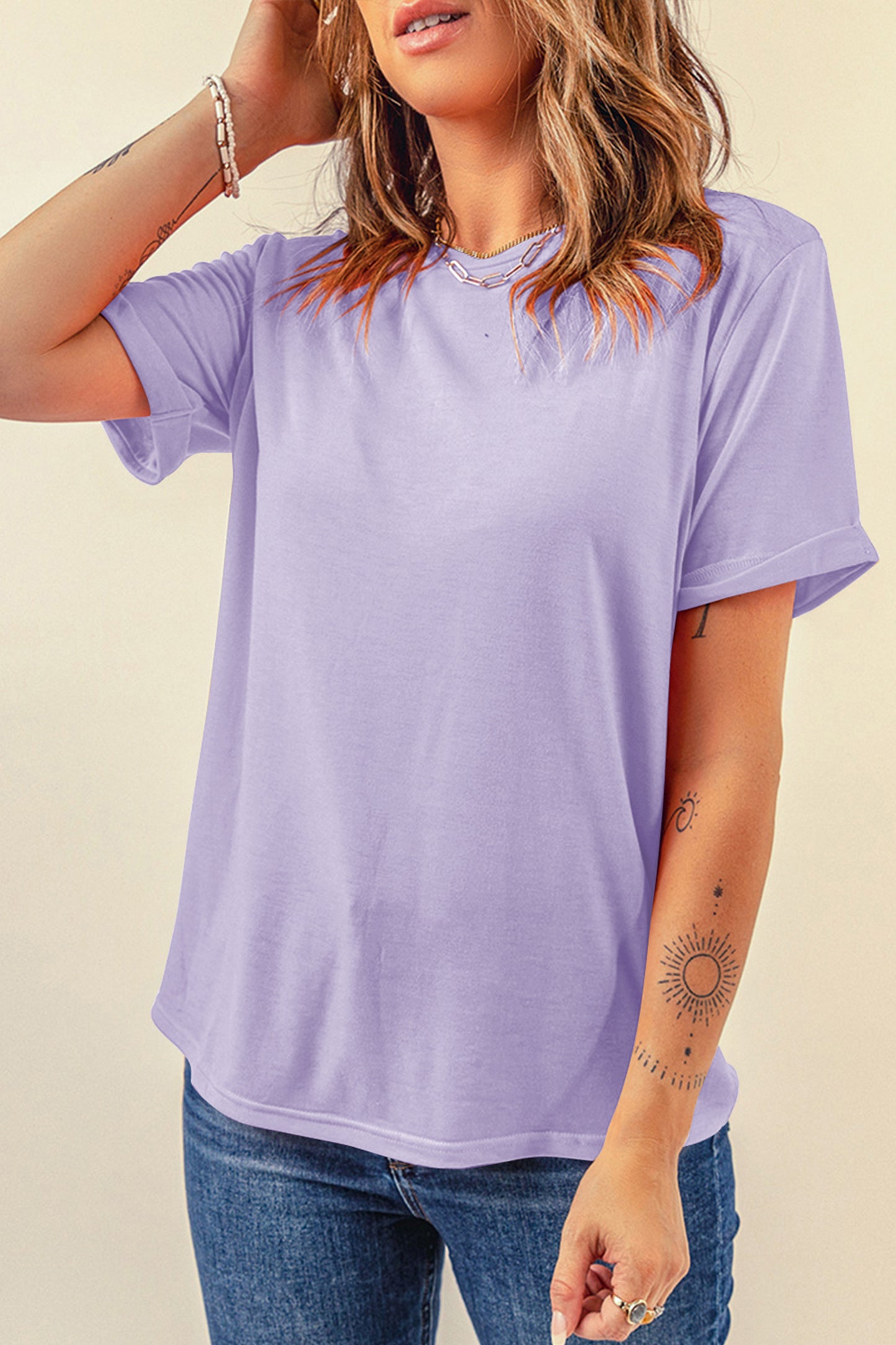 Orchid Petal Casual Plain Crew Neck Tee - Snoopy's Closet