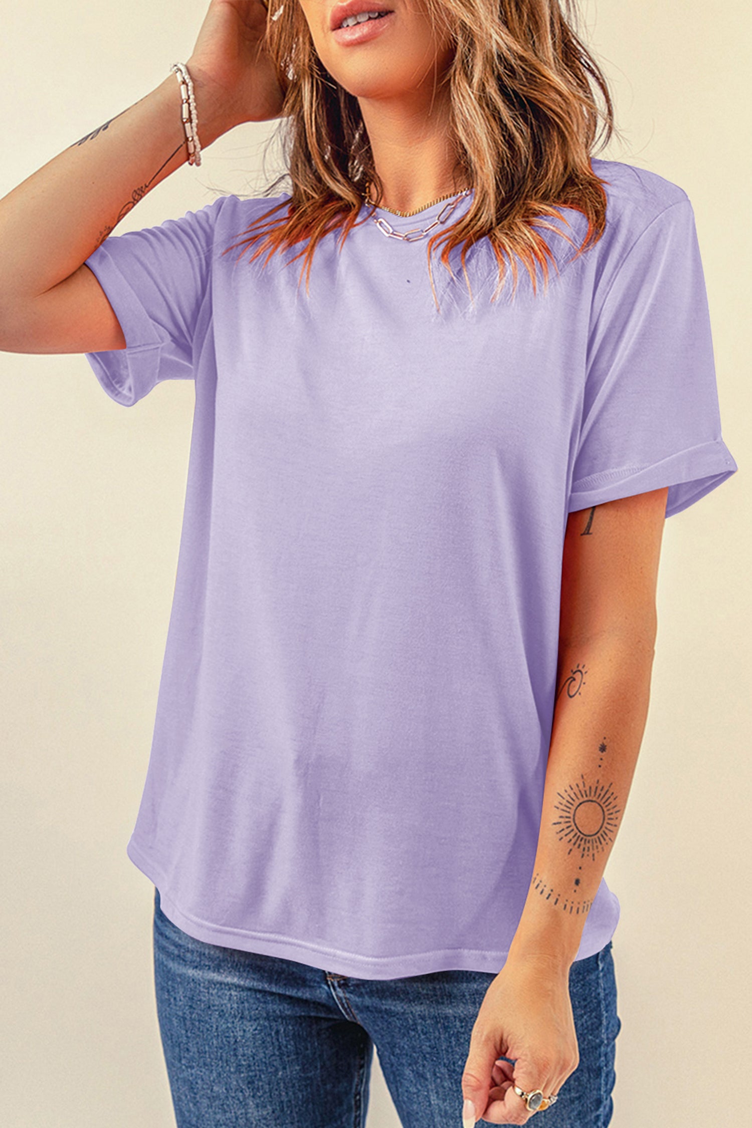 Orchid Petal Casual Plain Crew Neck Tee - Snoopy's Closet