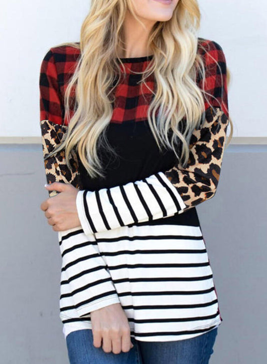 Plaid Print Leopard Splicing Striped Color Block Long Sleeve Top - Snoopy's Closet