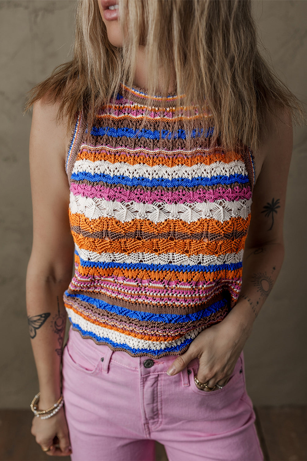 Dark Blue Striped Textured Knit Crew Neck Sweater Vest - Snoopy's Closet
