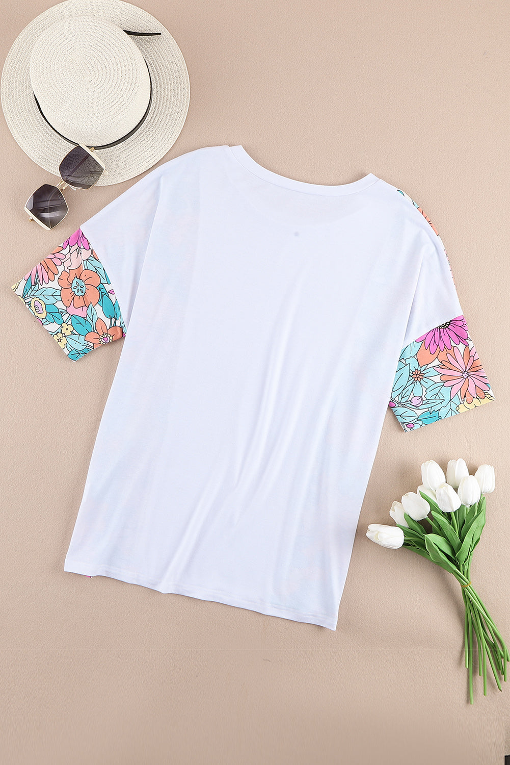 White Floral Print Patchwork Short Sleeve Top - Snoopy's Closet