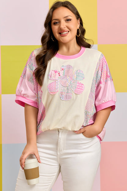 Camiseta de algodón de manga corta con estampado floral patchwork y bordado, talla grande, color beige