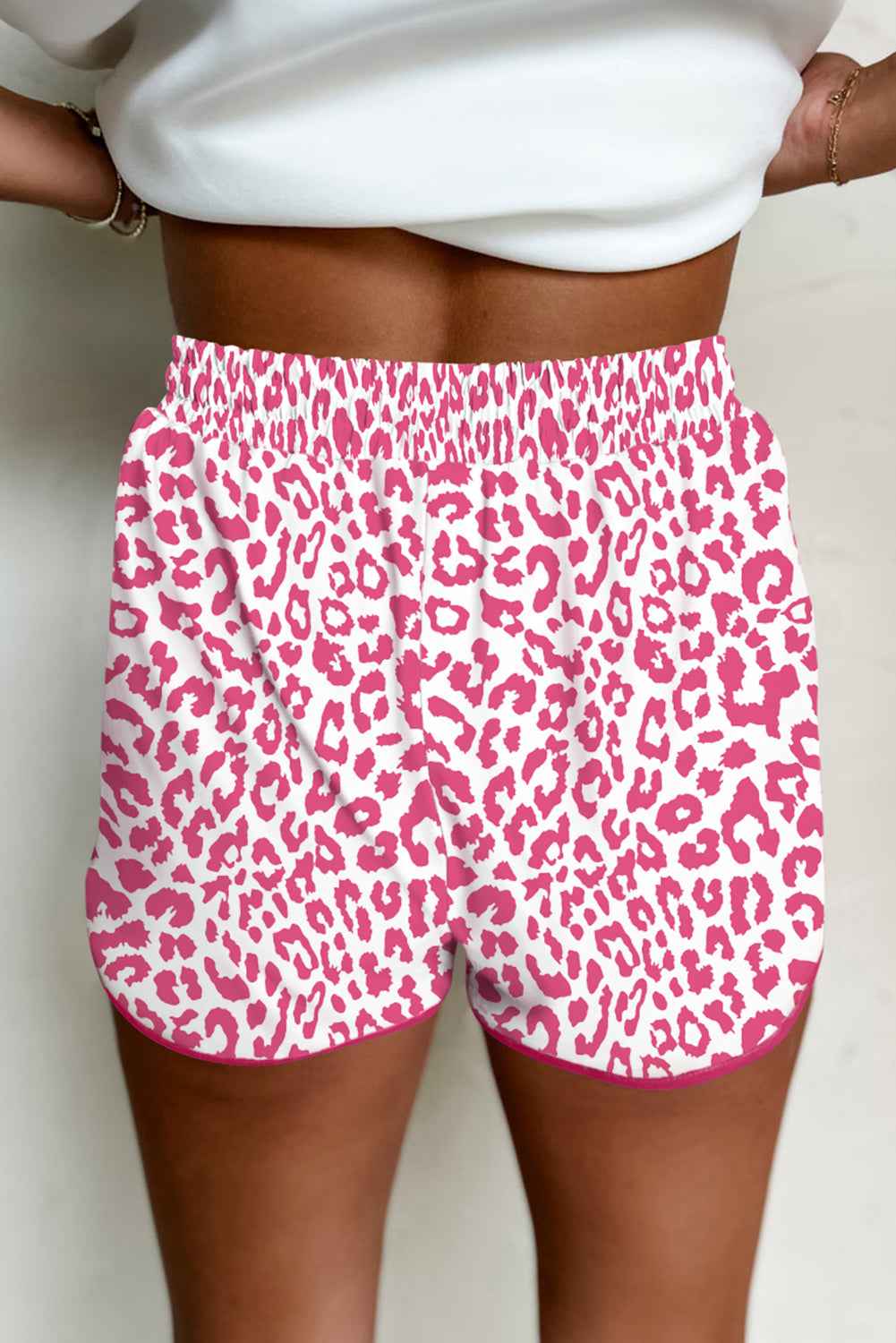 White Leopard Elastic Waistband Lace up Contrast Trim Casual Shorts - Snoopy's Closet