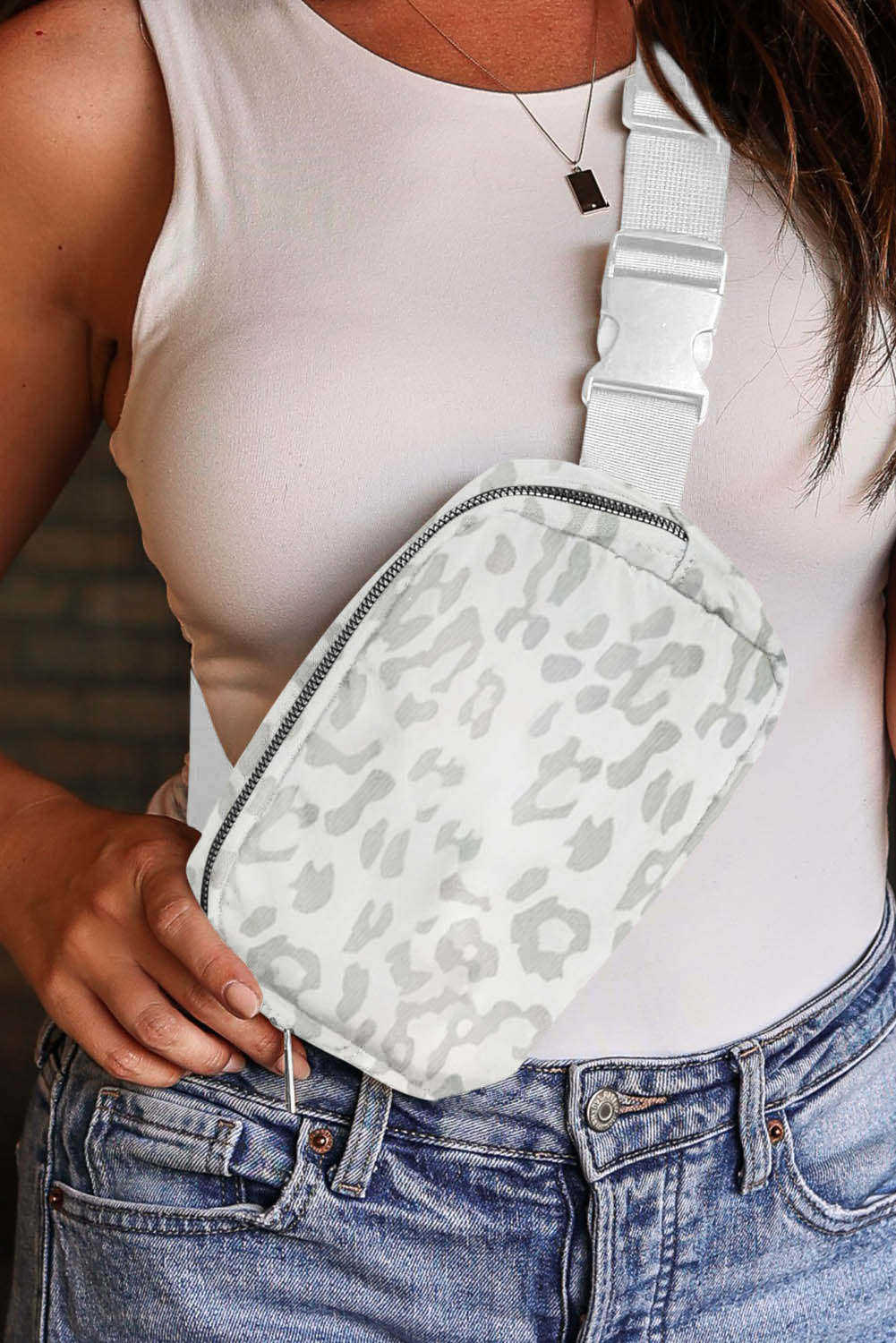 White Leopard Print Buckle Canvas Chest Bag 20*5*14cm - Snoopy's Closet