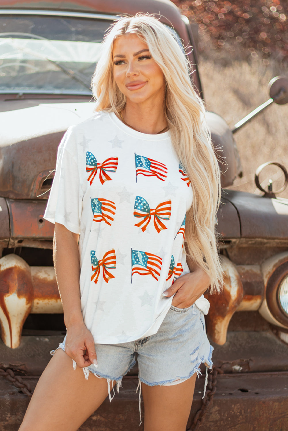 Khaki Patriotic Flag Bow Graphic Starry Round Neck T Shirt - Snoopy's Closet