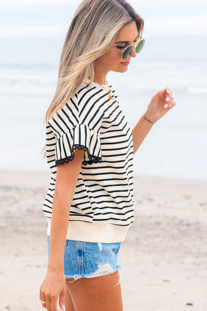Black Stripe Scallop Lace Trim Ruffle Short Sleeves Crewneck Top - Snoopy's Closet