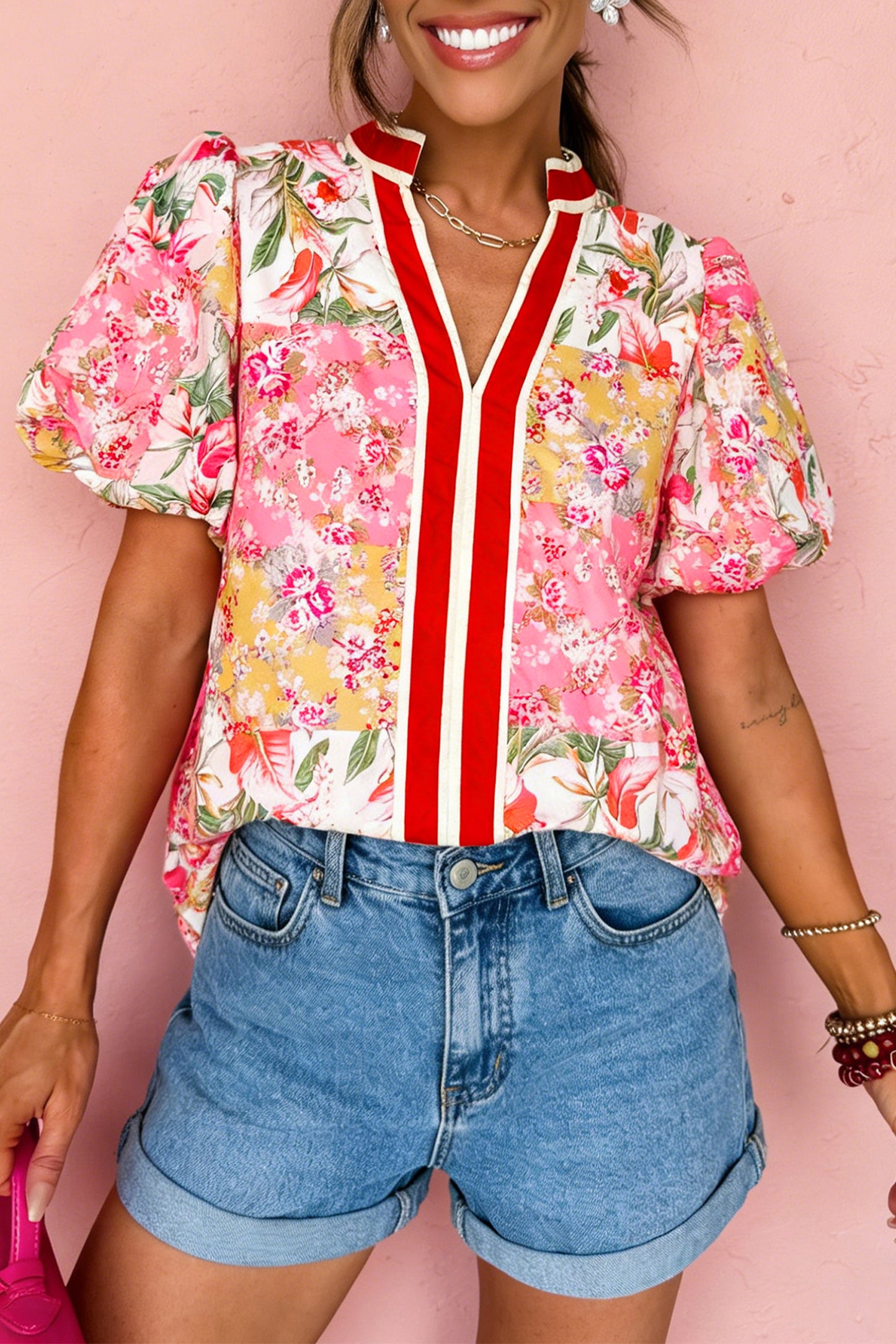 Pink Contrast Collared V Neck Short Sleeve Floral Blouse - Snoopy's Closet