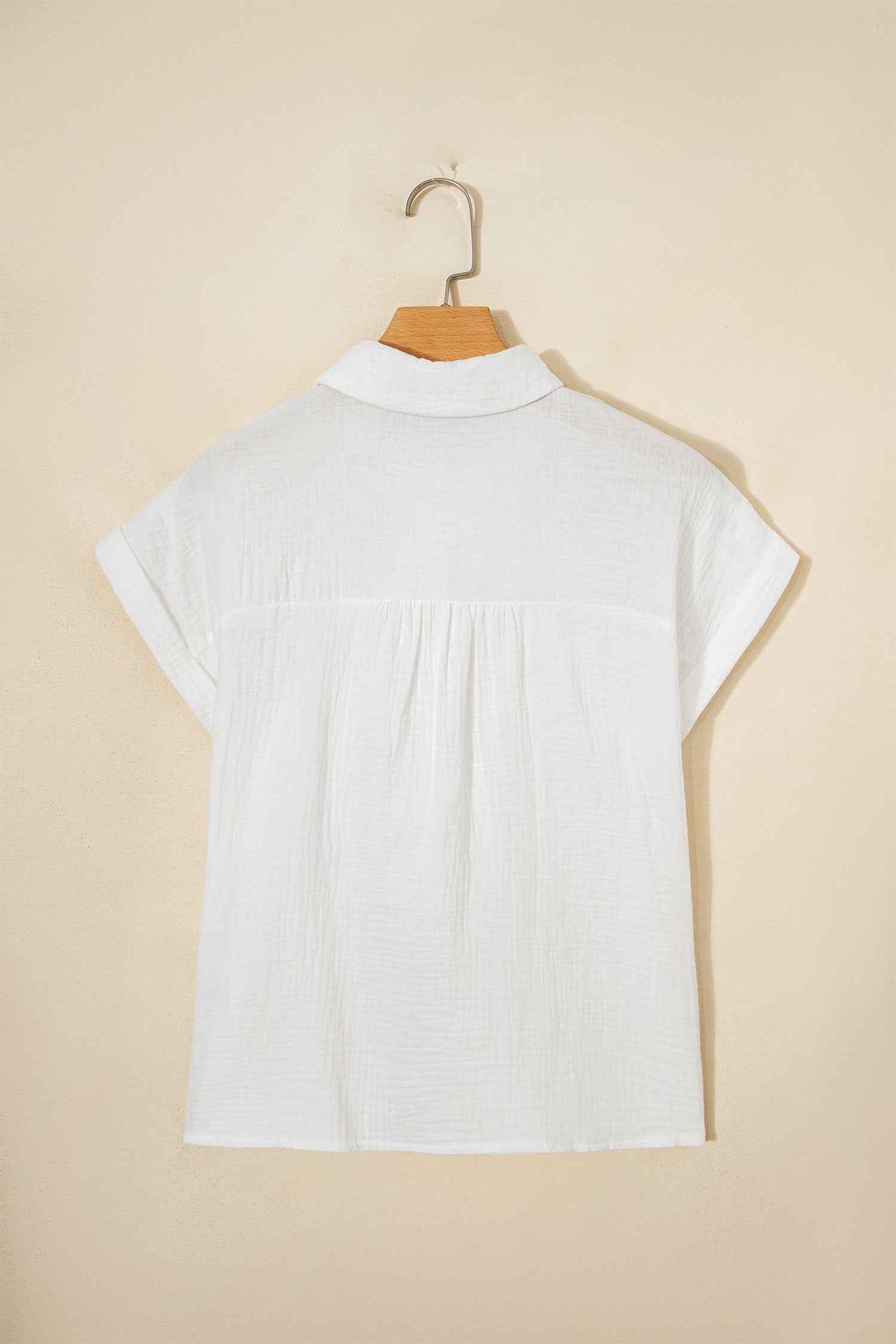 White Lace Trim Cuffed Short Sleeve Textured Shirt