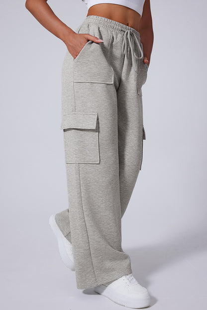 Pantalones de entrenamiento de pierna ancha, cintura alta con cordones y múltiples bolsillos, gris claro
