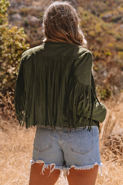 Chaqueta de ante sintético corta verde con flecos