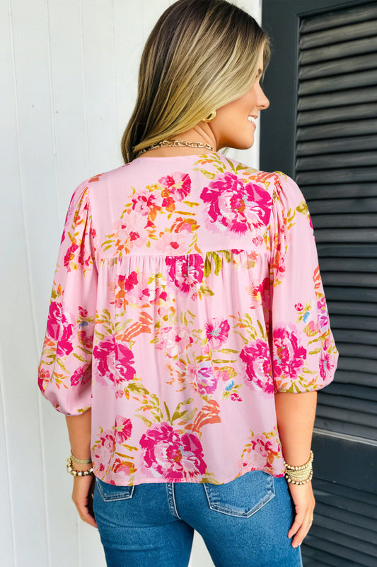 Pink Floral Print Tie Neck Puffy Half Sleeve Blouse - Snoopy's Closet