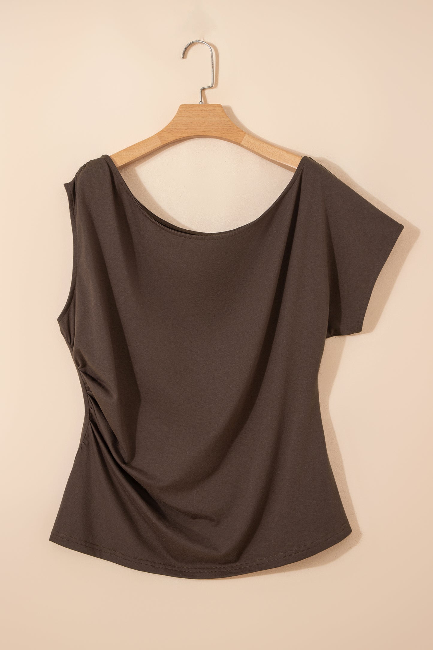 Coffee Plus Size Solid Color Asymmetric Neck Short Sleeve Blouse - Snoopy's Closet