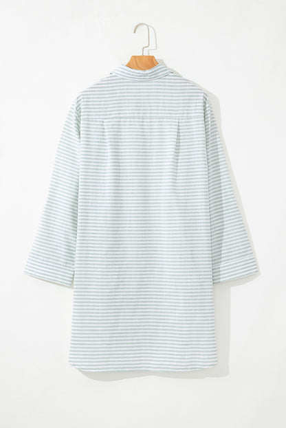 White Stripe Collared V Neck Chest Pocket Long Sleeve Beach Cover up - Snoopy's Closet