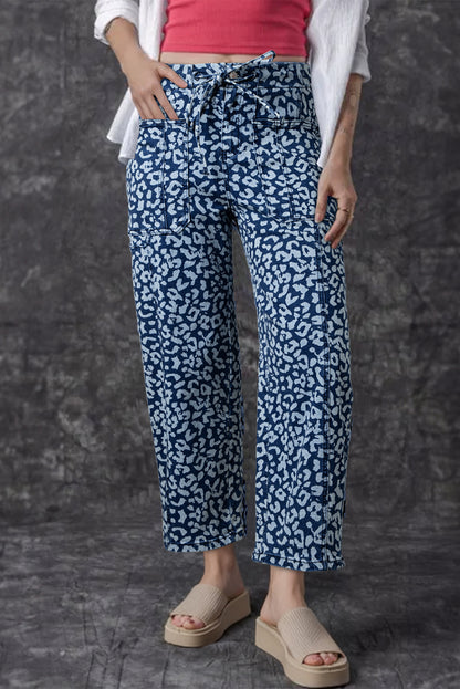 Khaki Leopard Printed Drawstring Elastic Waistband Pocketed Barrel Jeans - Snoopy's Closet