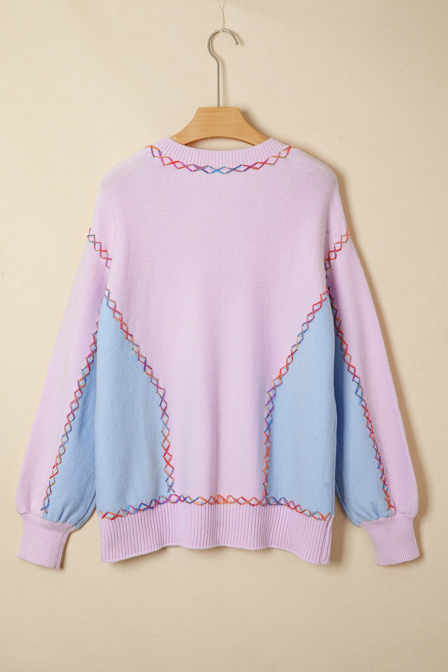 Orchid Bouquet Rainbow Stitching Balloon Sleeve Relaxed Sweater - Snoopy's Closet