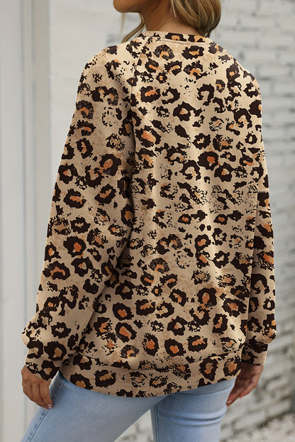 Brown Leopard Bleached Raglan Sleeve Pullover Sweatshirt - Snoopy's Closet