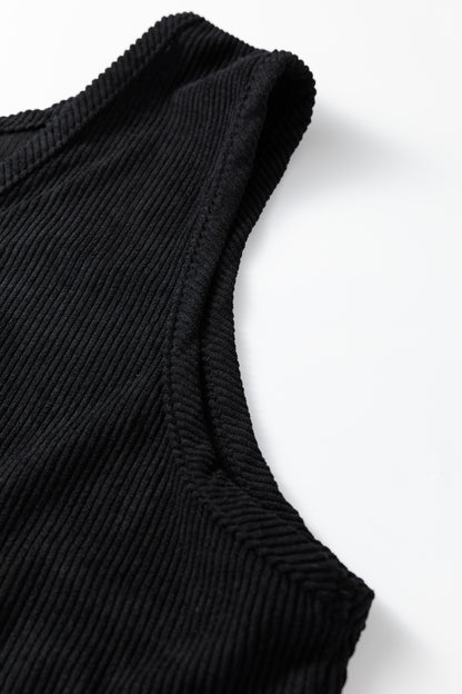Minivestido Negro Sin Mangas de Pana Tallas Grandes con Bolsillos de Parche