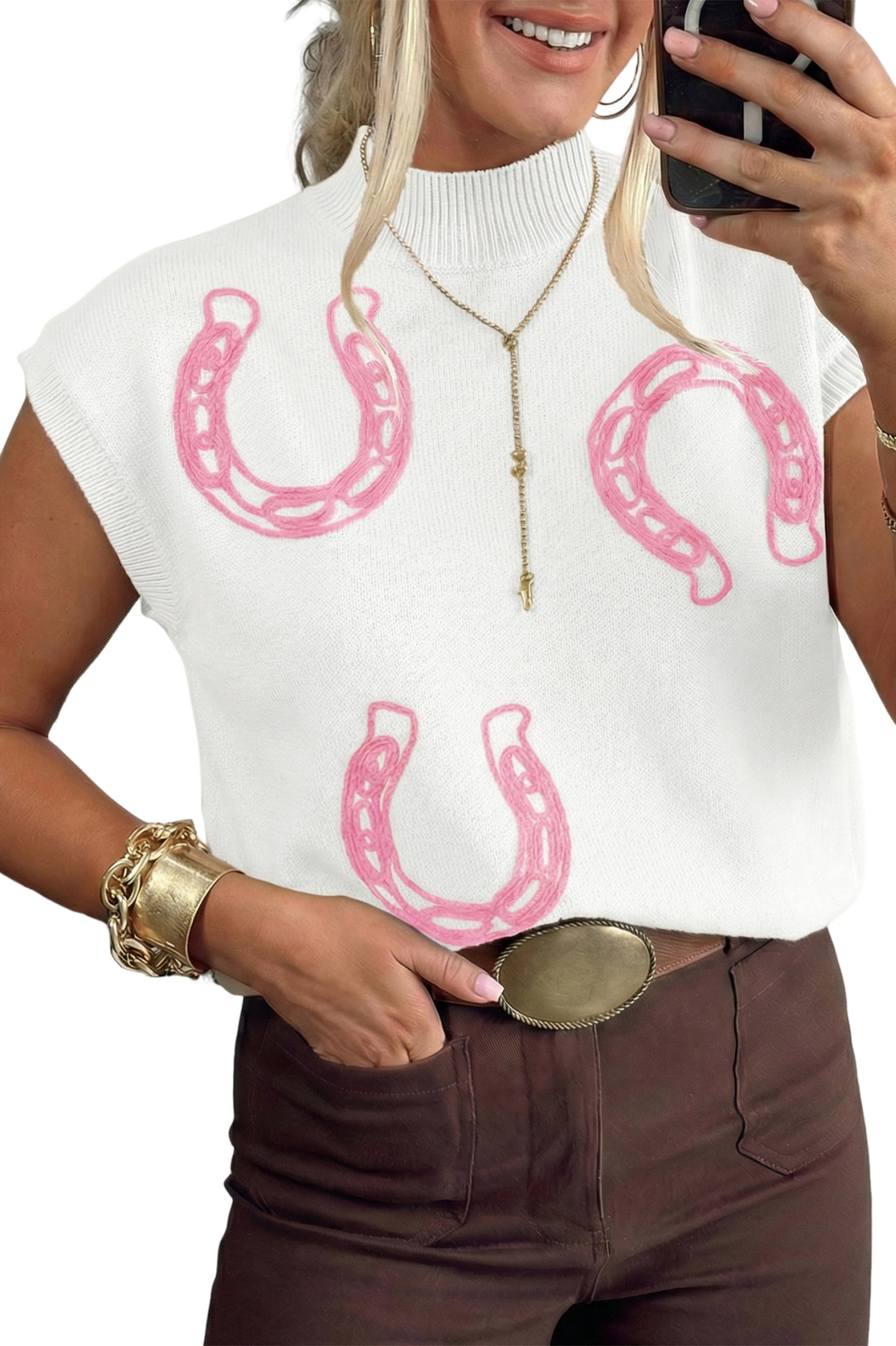 Suéter de manga corta con cuello simulado, herraduras acordonadas blancas y ribete acanalado