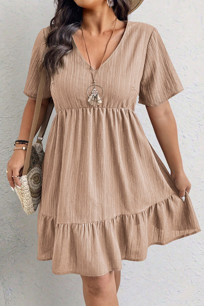 Vestido Texturizado de Manga Corta con Volantes Talla Grande Color Caqui Oscuro