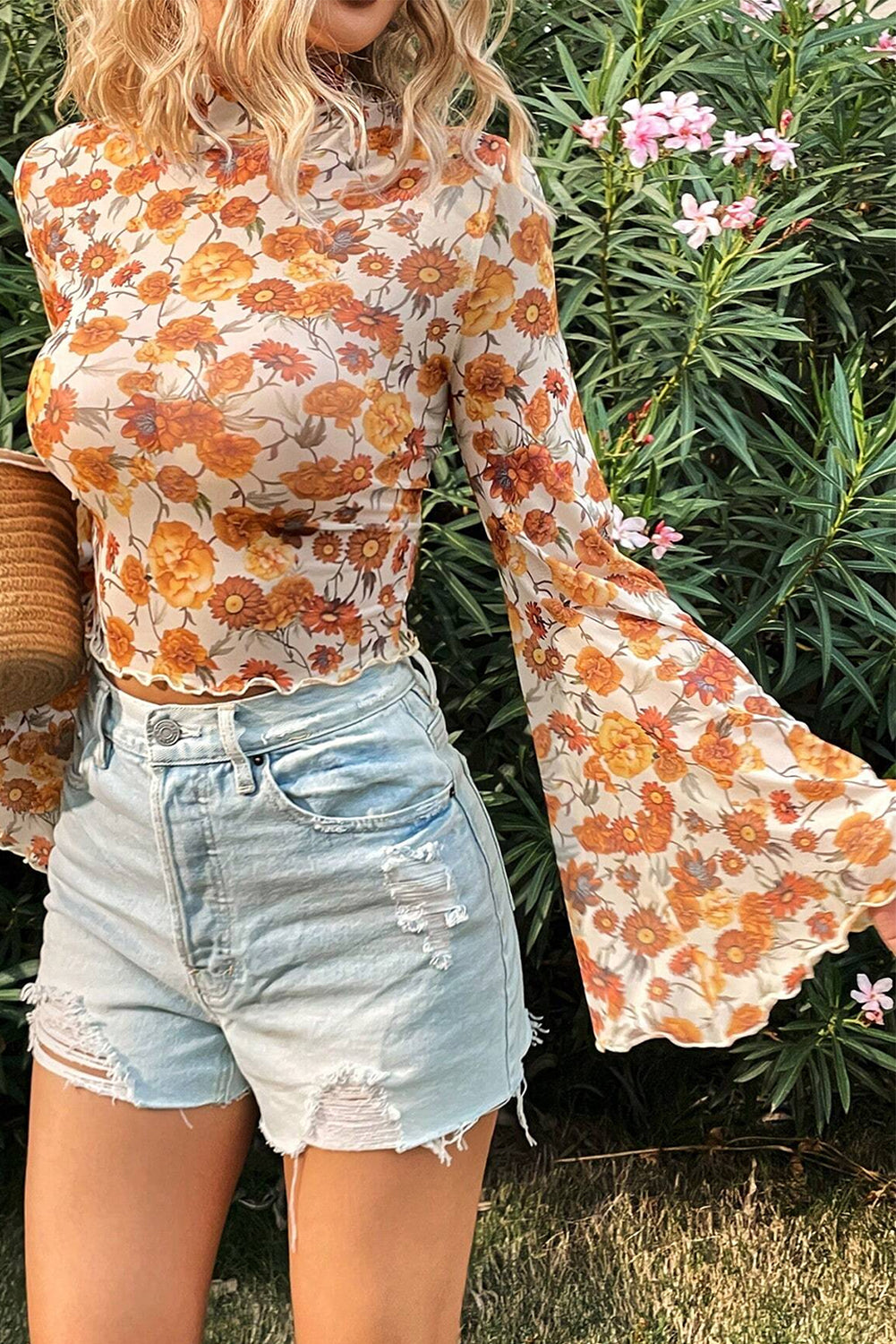 Orange Floral Printed Bell Sleeve Mock Neck Scallop Trim Blouse - Snoopy's Closet