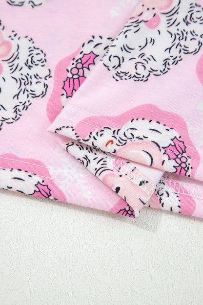 Pink Santa Claus Print V Neck Tee Drawstring Pants 2pcs Lounge Set - Snoopy's Closet