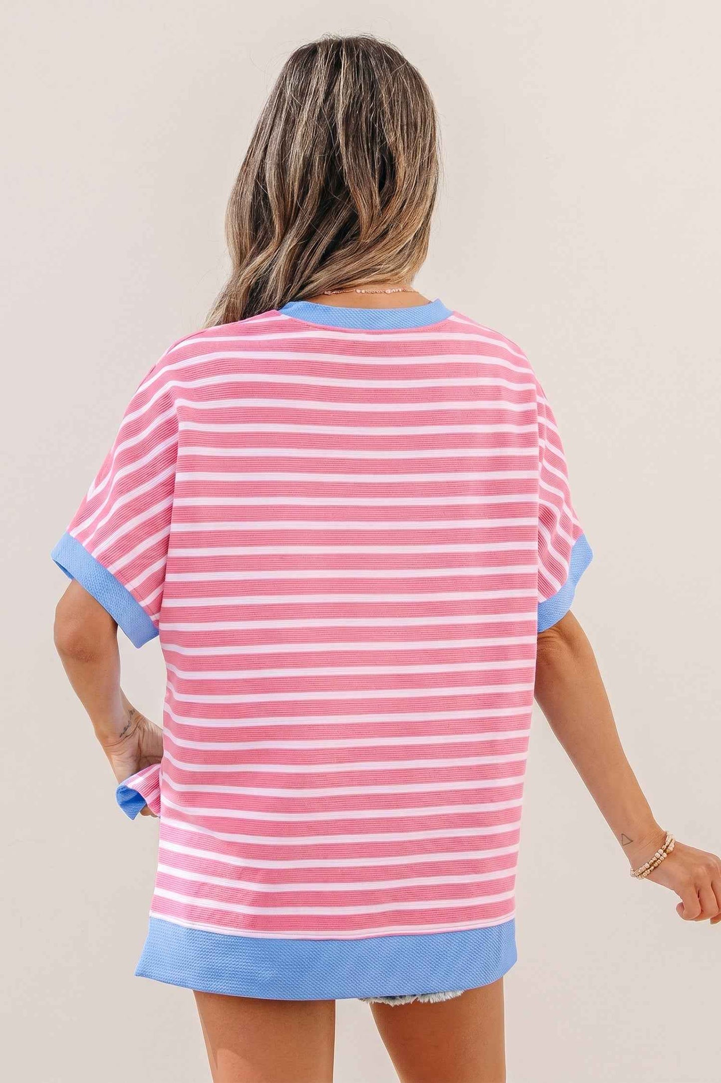 Pink Stripe Contrast Trim Loose Short Sleeve Top