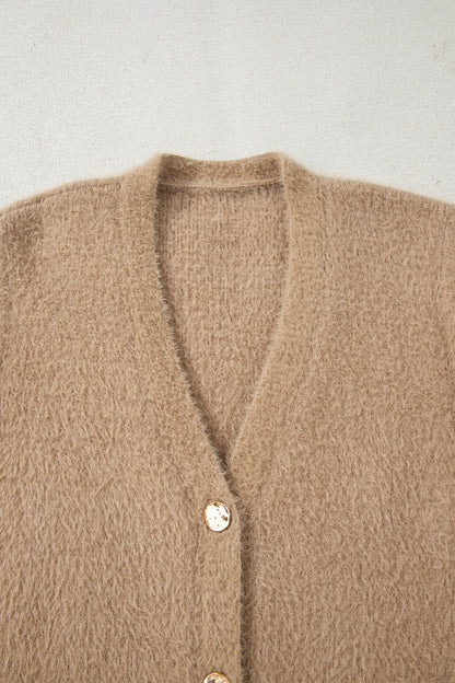 Smoke Gray Fuzzy Buttoned Front Midi Solid Cardigan - Snoopy's Closet