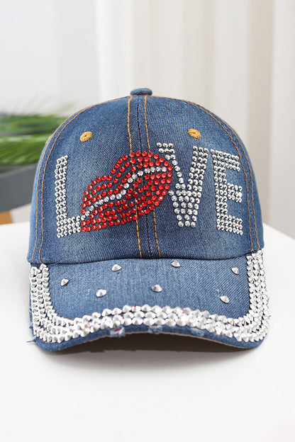 Gorra de béisbol de mezclilla Ashleigh con labio LOVE adornado con diamantes de imitación azules