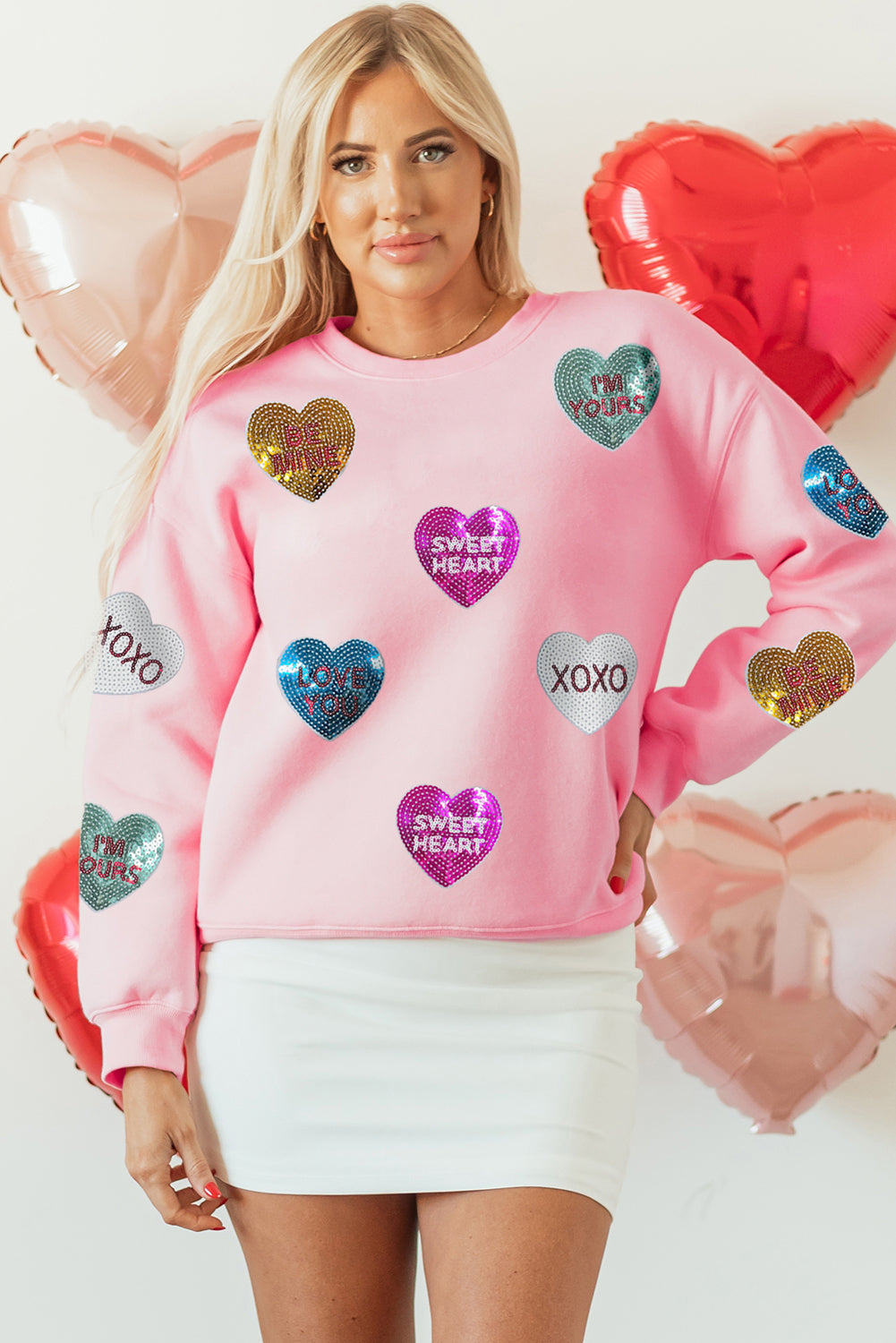 Sudadera de San Valentín con corazón gráfico y letras románticas de lentejuelas rosas