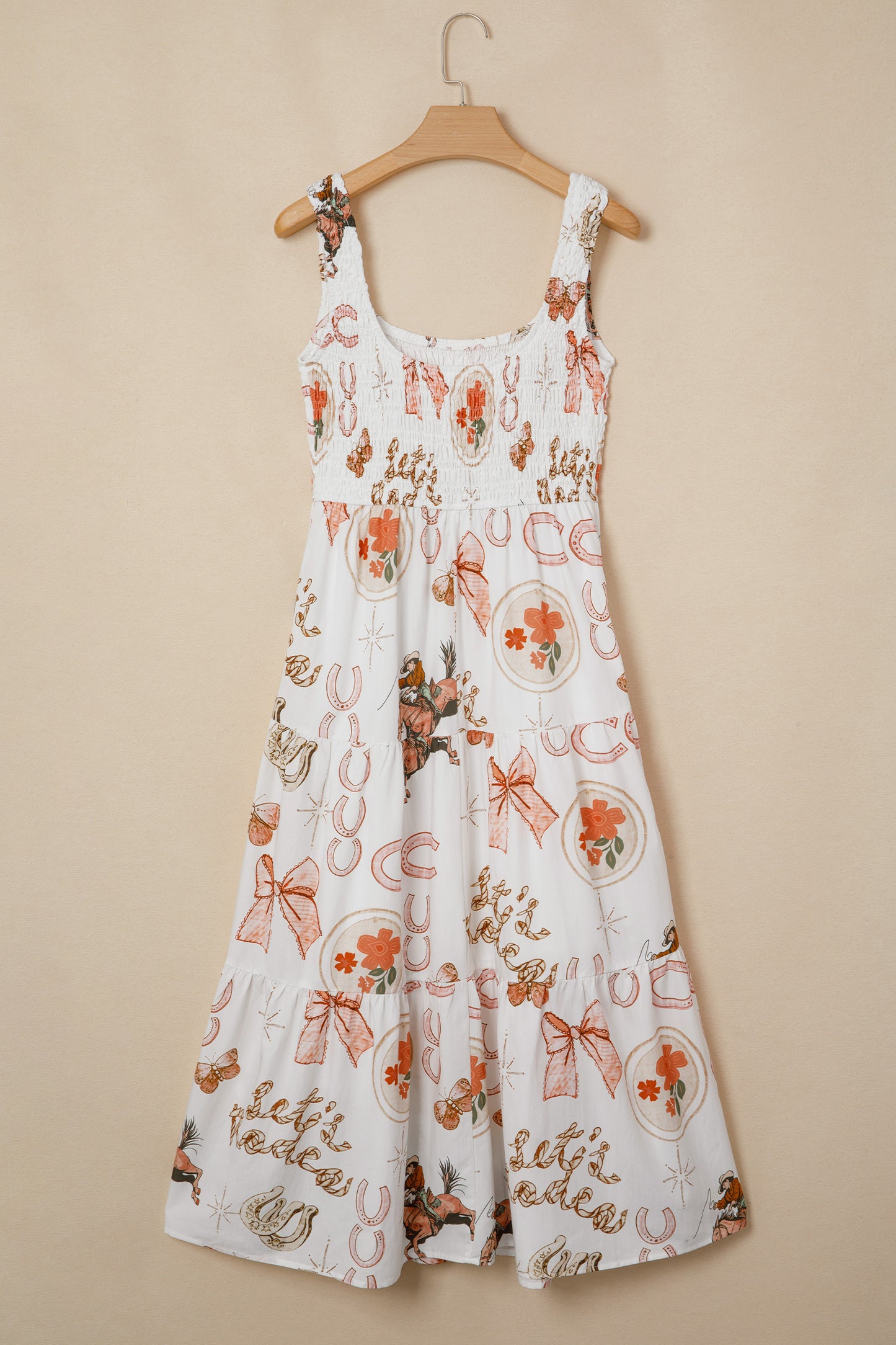 Vestido midi sin mangas con cuello de pico y estampado de herraduras del Oeste en blanco