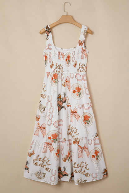Vestido midi sin mangas con cuello de pico y estampado de herraduras del Oeste en blanco