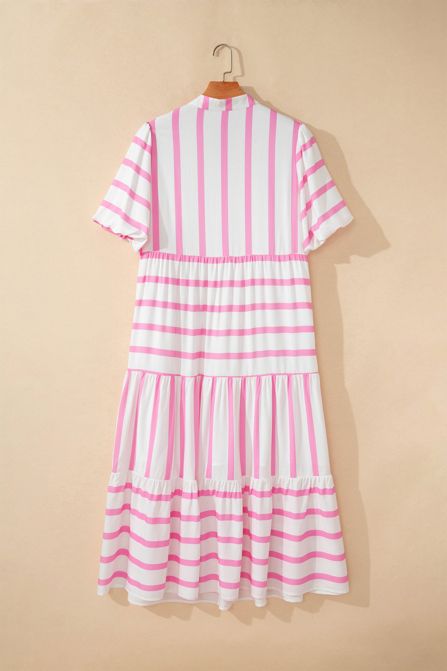 Pink Stripe Plus Size V Neck Short Puff Sleeve Tiered Maxi Dress - Snoopy's Closet