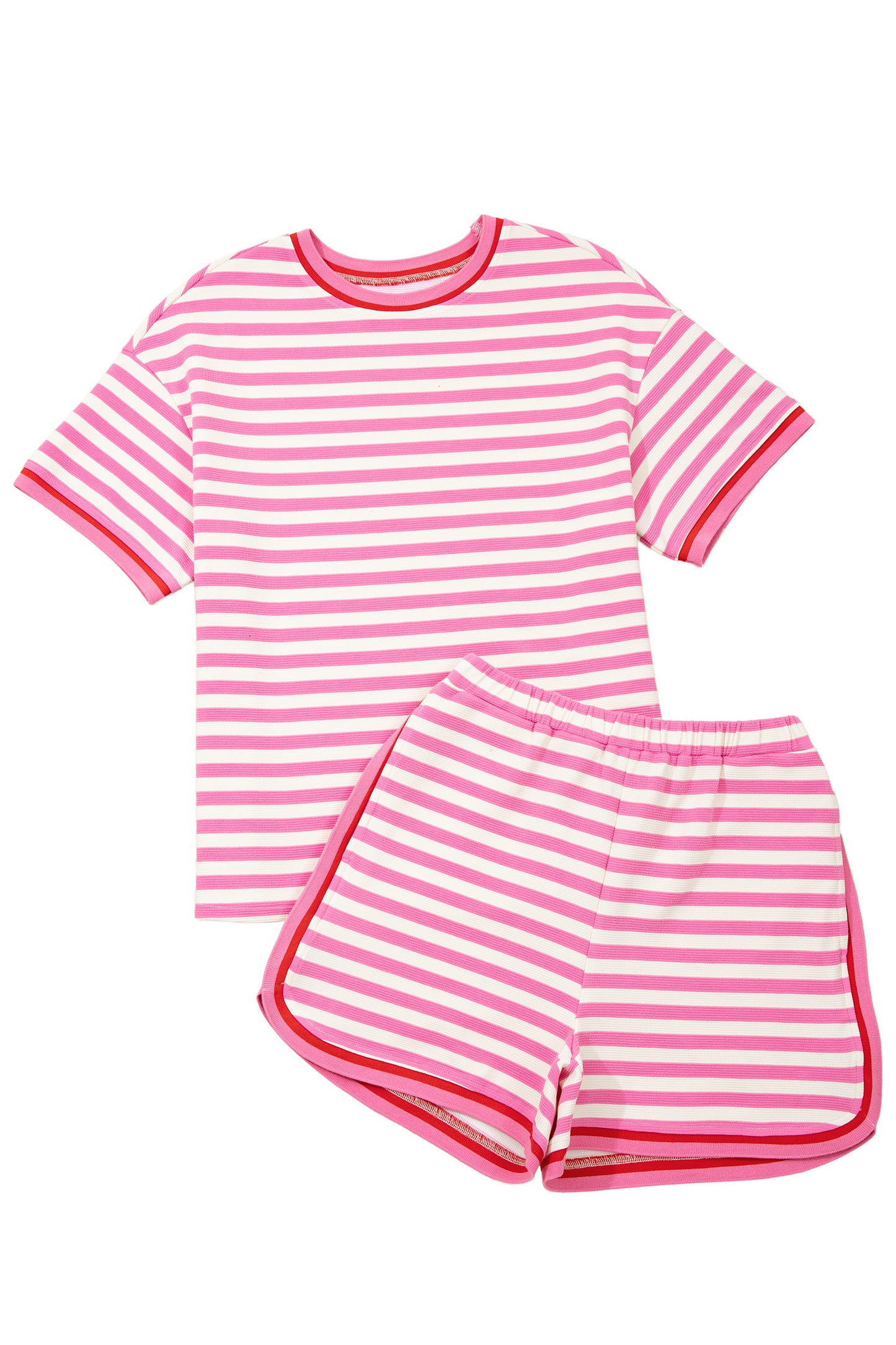 Top de manga corta con ribete en contraste de rayas rosas y shorts sueltos, conjunto casual de 2 piezas