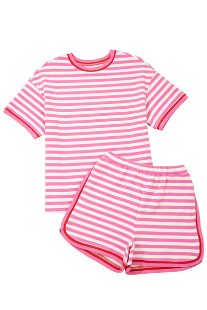 Top de manga corta con ribete en contraste de rayas rosas y shorts sueltos, conjunto casual de 2 piezas