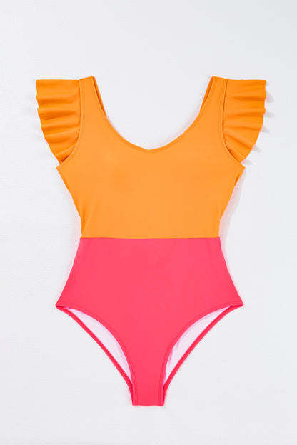 Vitality Orange Color Block Ruffled Knotted Backless One Piece Swimsuit - Snoopy's Closet