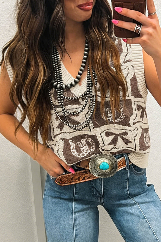 Chaleco de suéter suelto con estampado de lazo y herradura occidental marrón con cuello en V