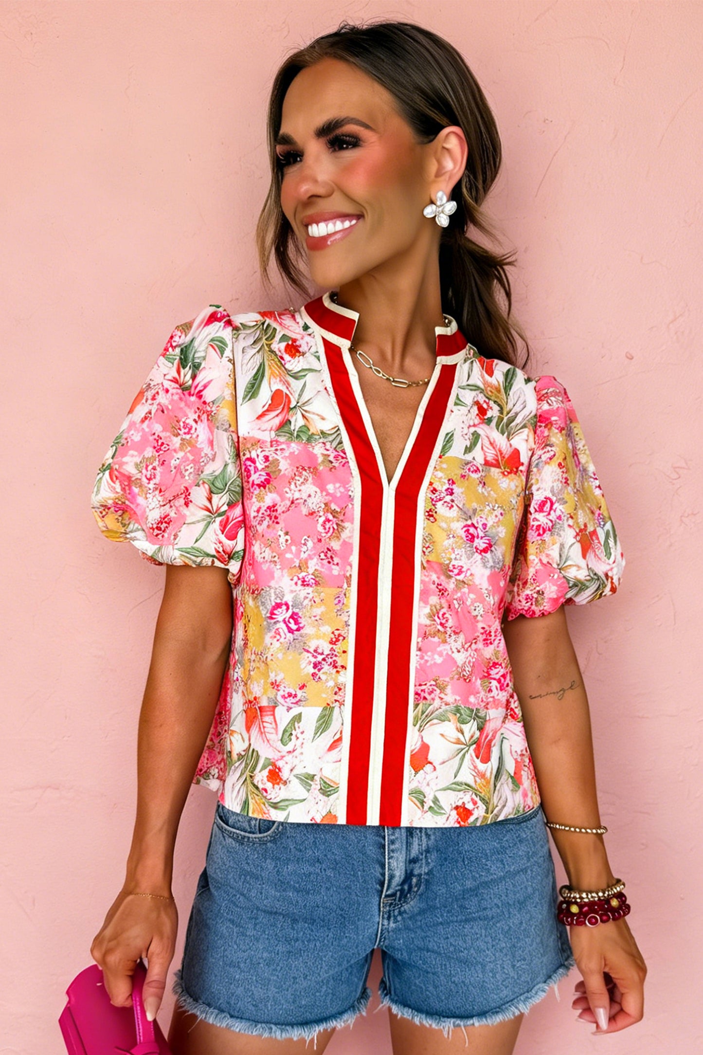 Pink Contrast Collared V Neck Short Sleeve Floral Blouse - Snoopy's Closet