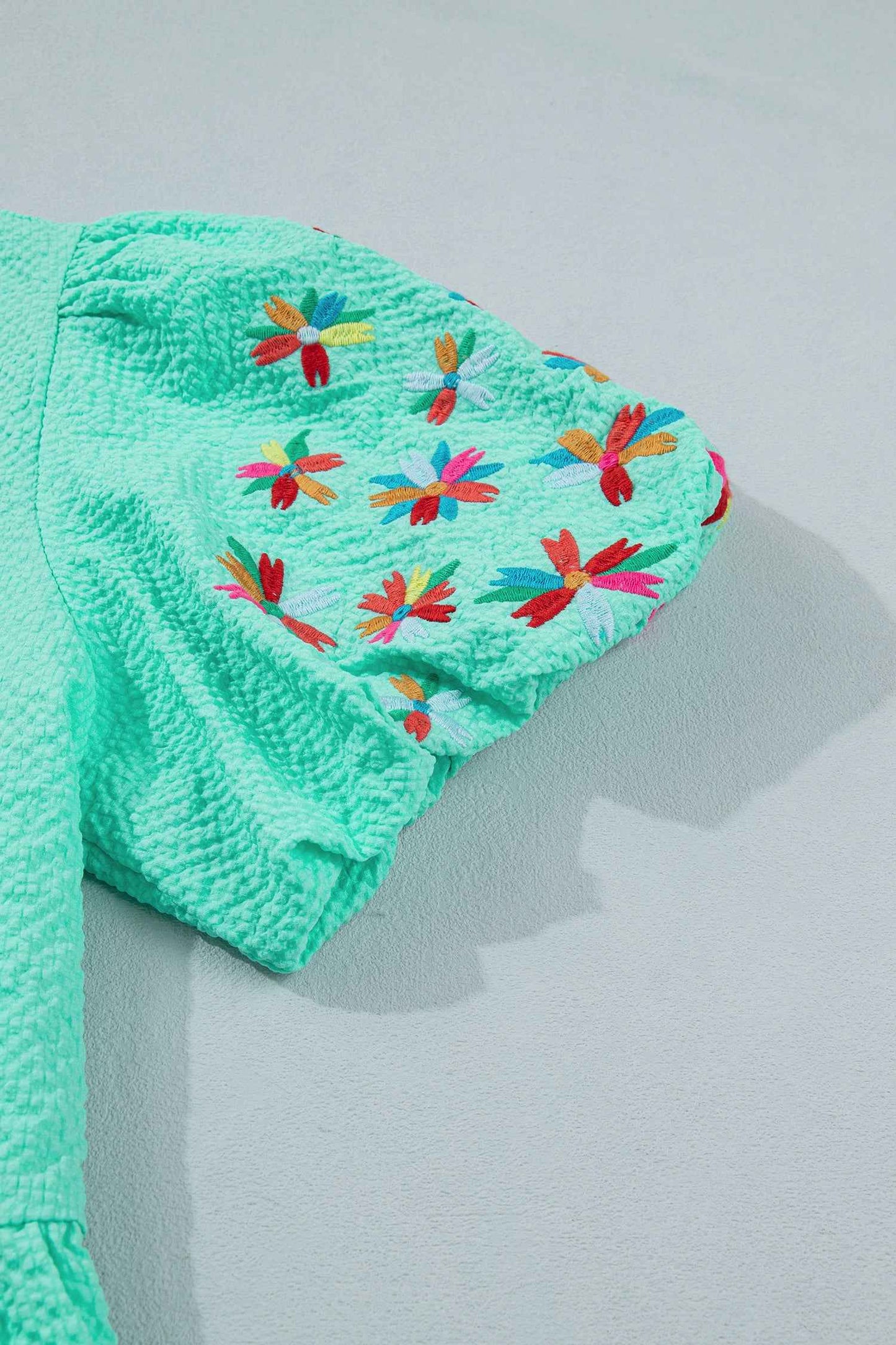 Mint Green Frilled V Neck Flower Embroidered Puff Sleeve Textured Blouse