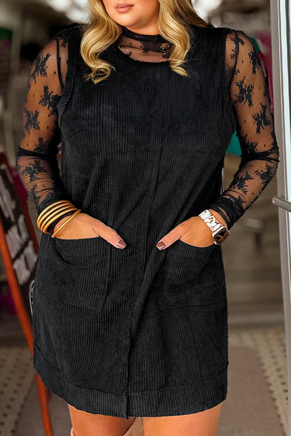 Minivestido Negro Sin Mangas de Pana Tallas Grandes con Bolsillos de Parche