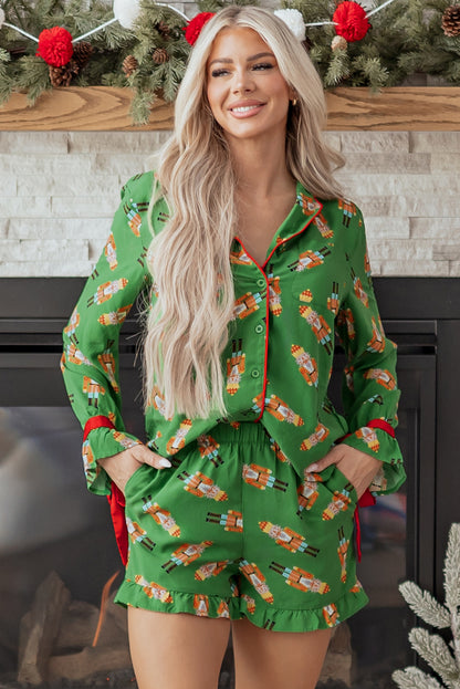 Green Christmas Candy Contrast Trim Bow Knot Silky 2pcs Pajama Set - Snoopy's Closet