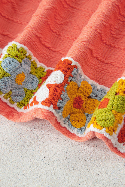 Grapefruit Orange Crochet Floral Accent V Neck Textured Pants Set - Snoopy's Closet
