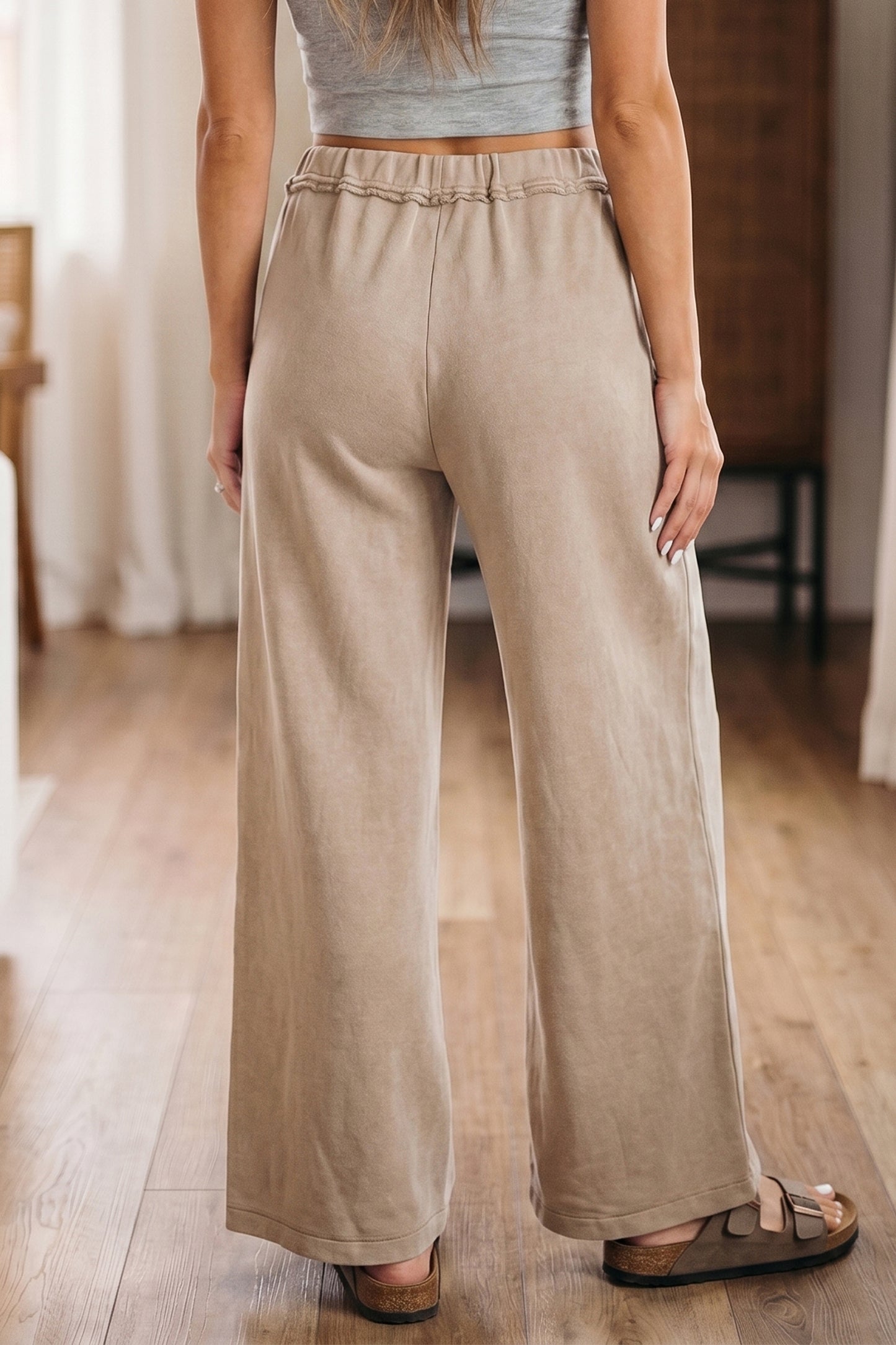 Pantalones Retro Western de Cintura Alta y Pierna Ancha con Cordón y Lavado Mineral Gris Humo