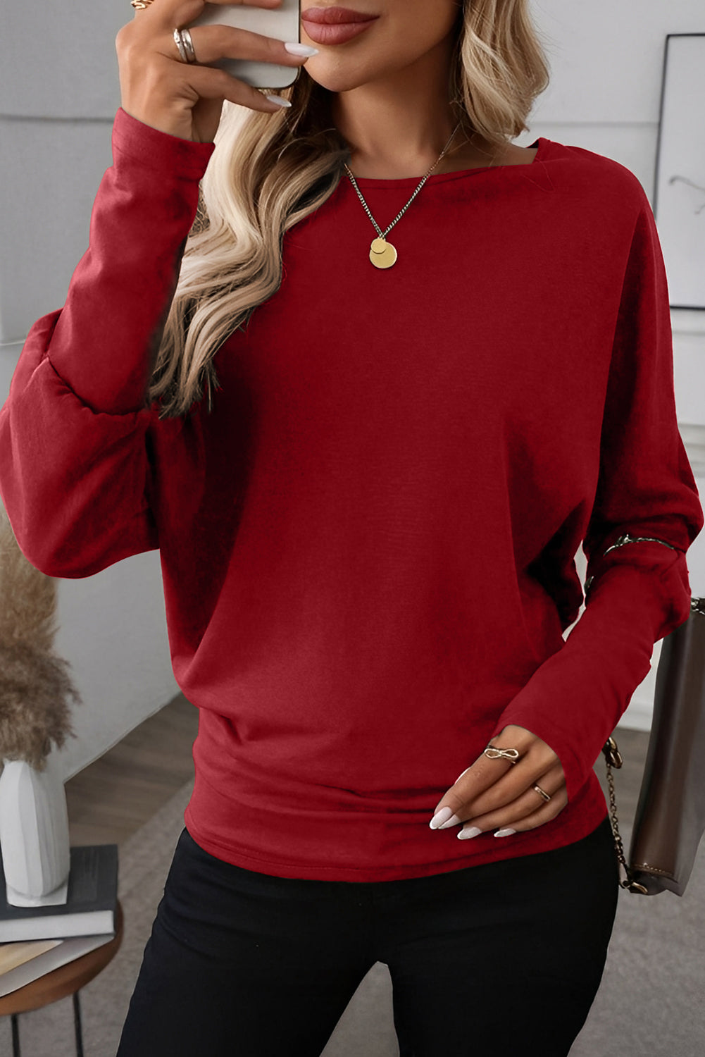 Red Dahlia Solid Color Extended Cuffs Long Sleeve Top - Snoopy's Closet