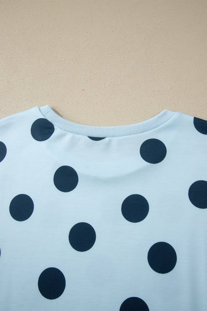 Sky Blue Polka Dot Print Loose Tee Drawstring Elastic Waist Short Set - Snoopy's Closet
