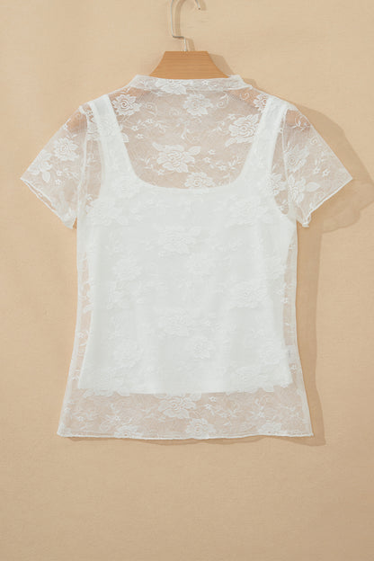 White Sheer Lace Round Neck T Shirt - Snoopy's Closet