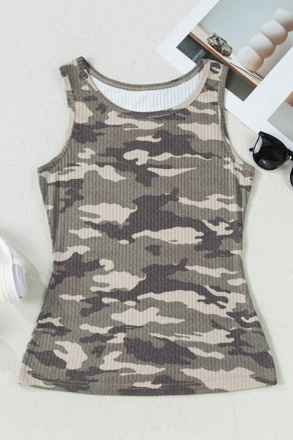 Green Camouflage Print Ribbed Knit Round Neck Tank Top - Snoopy's Closet