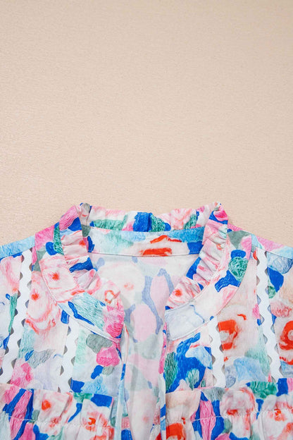 Pink Floral Print Tie V Neck Contrast Detail Ruffle Short Sleeve Blouse