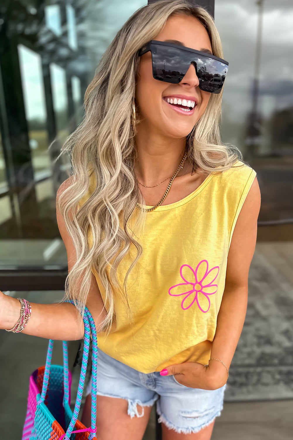 Yellow Cream Flower Graphic Casual Tank Top - Snoopy's Closet