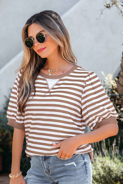 Sky Blue Stripe Short Bubble Sleeve T Shirt