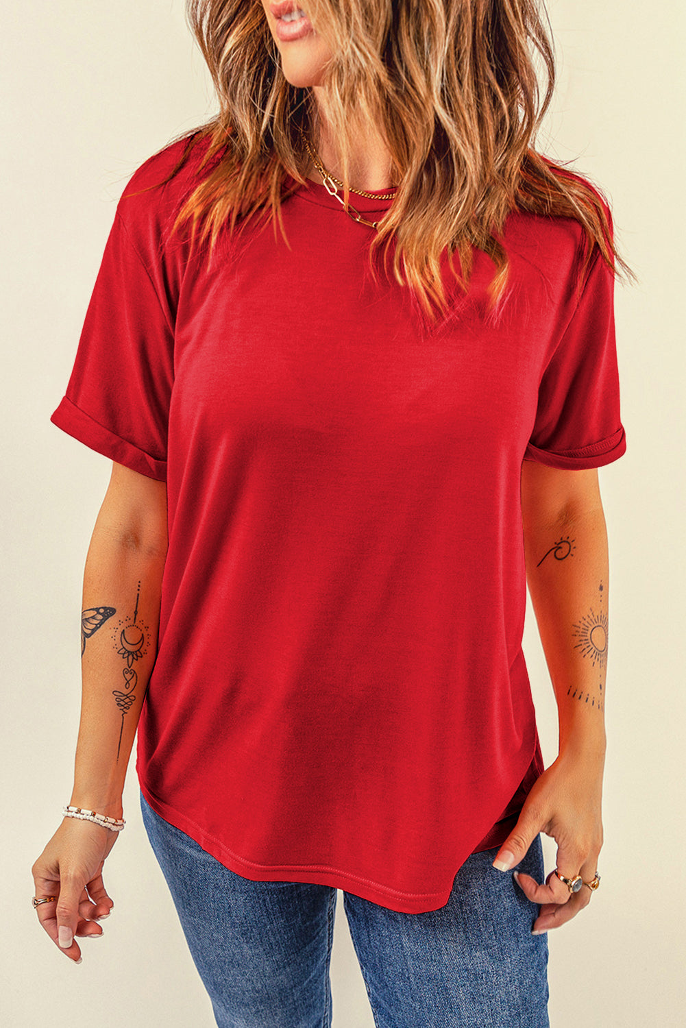 Dearlove Red Casual Plain Crew Neck Tee - Snoopy's Closet